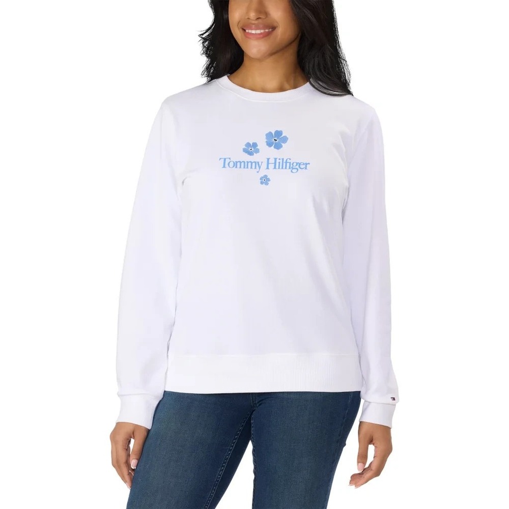 Tommy Hilfiger Womens Crewneck Sweatshirt Optic White Floral Logo 2XL NEW
